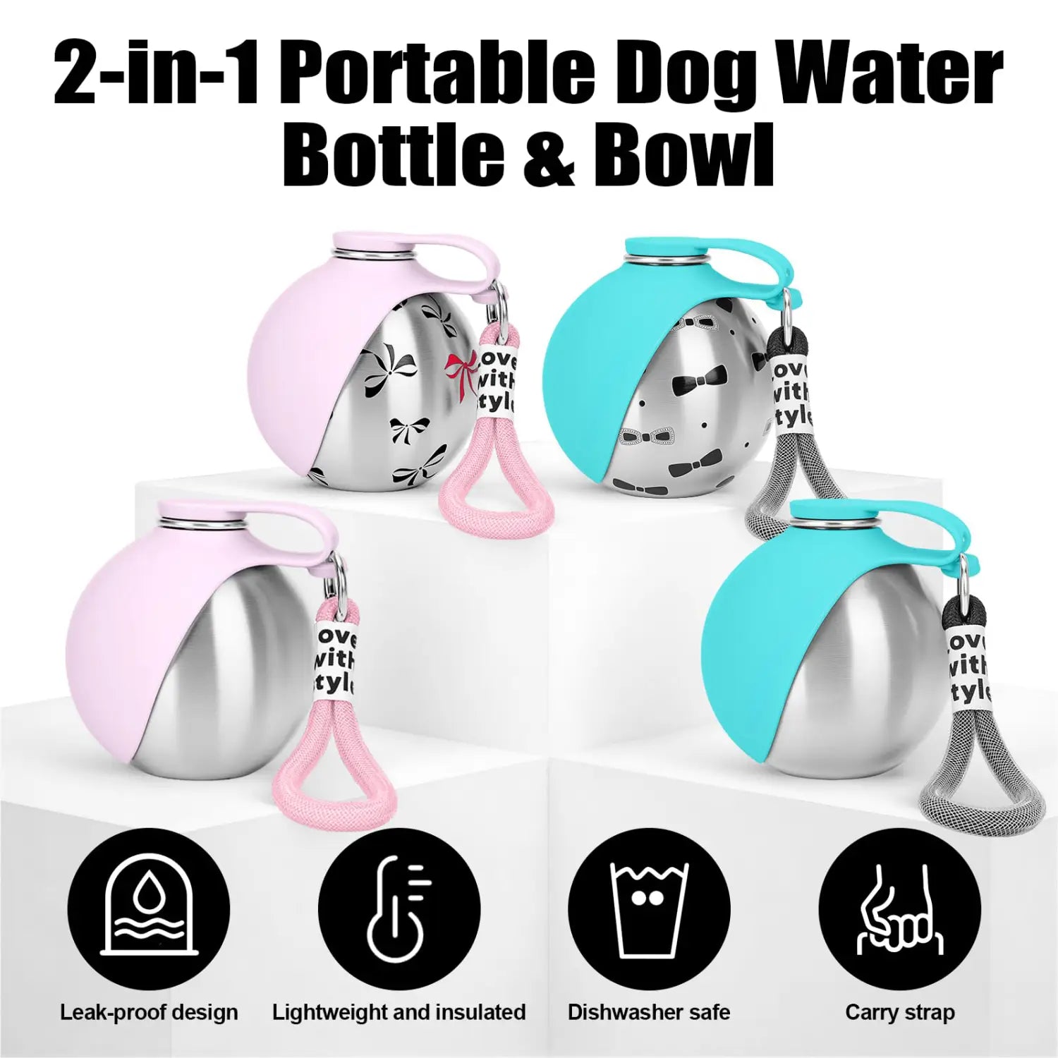 Trinkflasche für Hunde aus rostfreiem Stahl für unterwegs, tragbarer Spender mit pinkem und türkisfarbenem Silikonüberzug, mit Schleifen- und Blumendekoren.