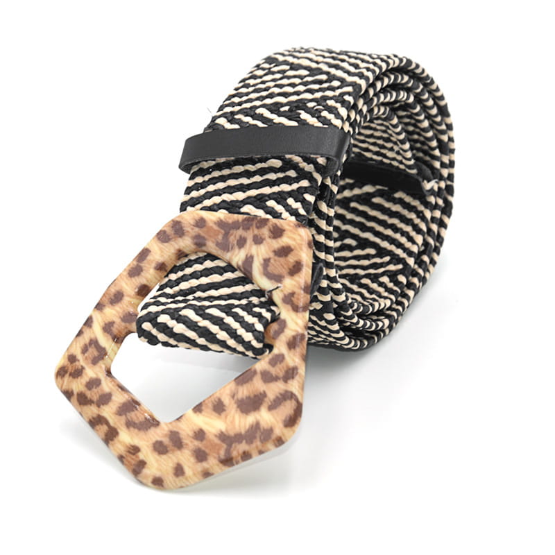 A black and white striped woven elastic belt with a square leopard print buckle.