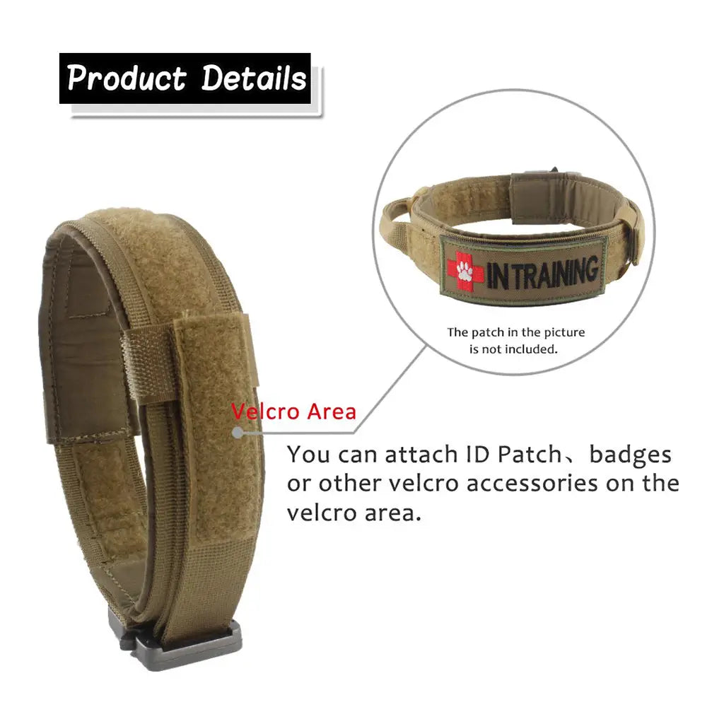 Collier tactique pour chien beige, fabriqué en nylon 1000D durable, présentant une structure en tissu et des points de fixation réglables en velcro pour les patchs d’identification ou les insignes.