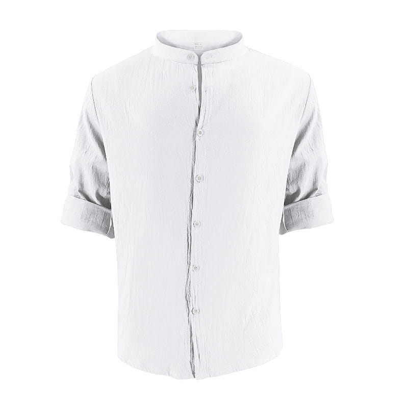 Camisa entallada para hombre en mezcla de lino blanca, con cuello alzapié y mangas arremangadas tres cuartos.