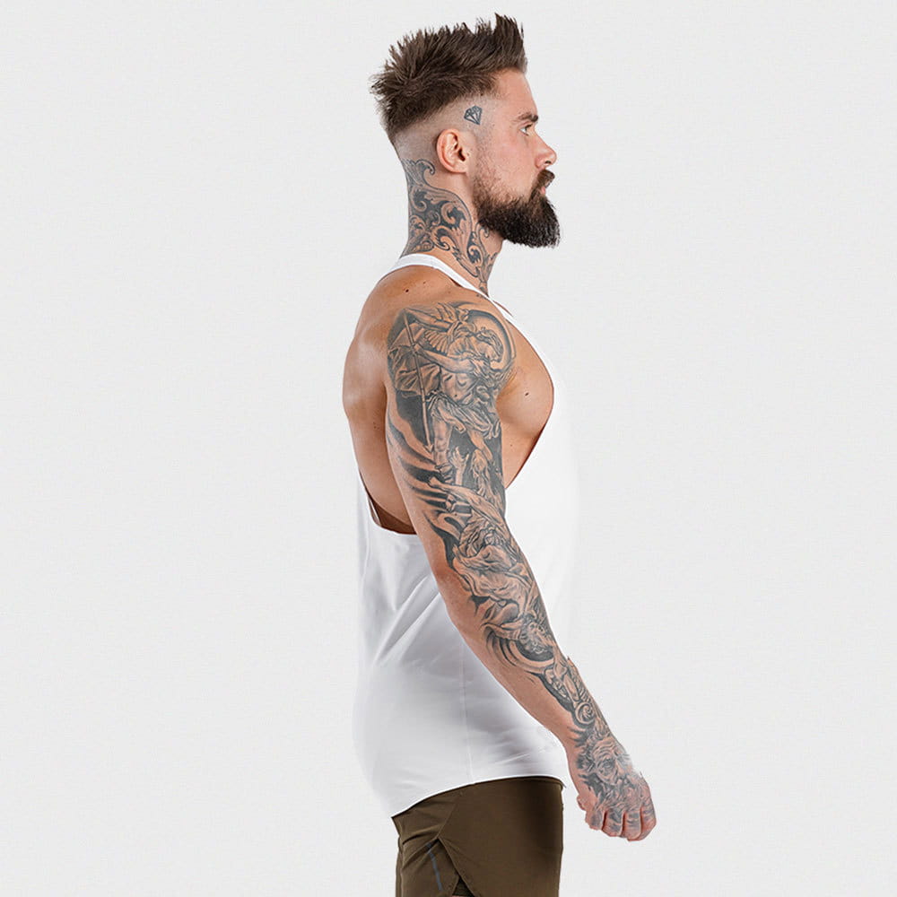 white sleeveless men’s go hard racerback athletic tank top made of breathable fabric for intense workouts shown from the back side
