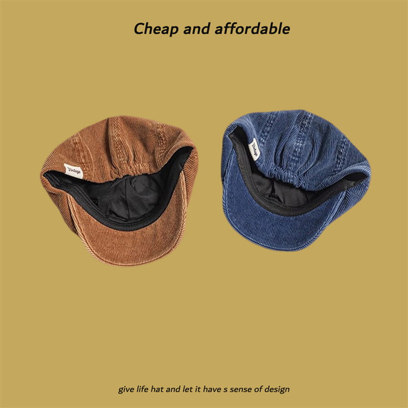 brown and blue corduroy eight panel retro newsboy caps with black inner lining displayed side by side