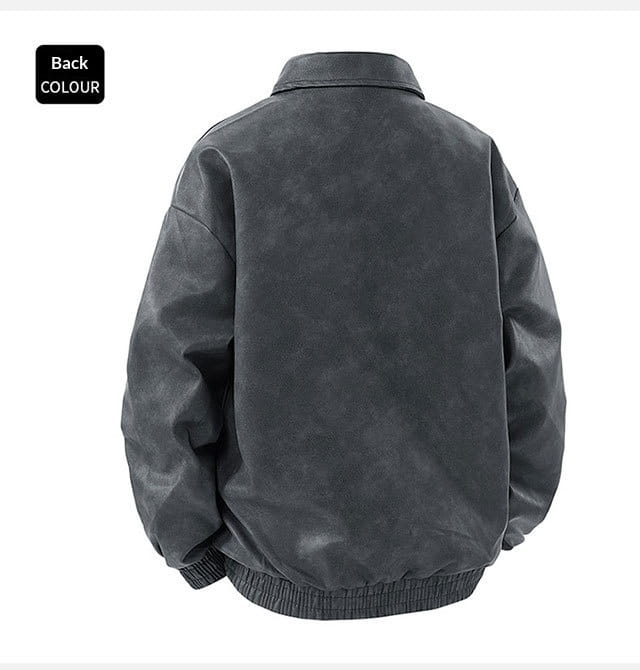 Mens vintage suede bomber jacket slim fit in dark gray faux leather with a subtle textured pattern and ribbed cuffs.