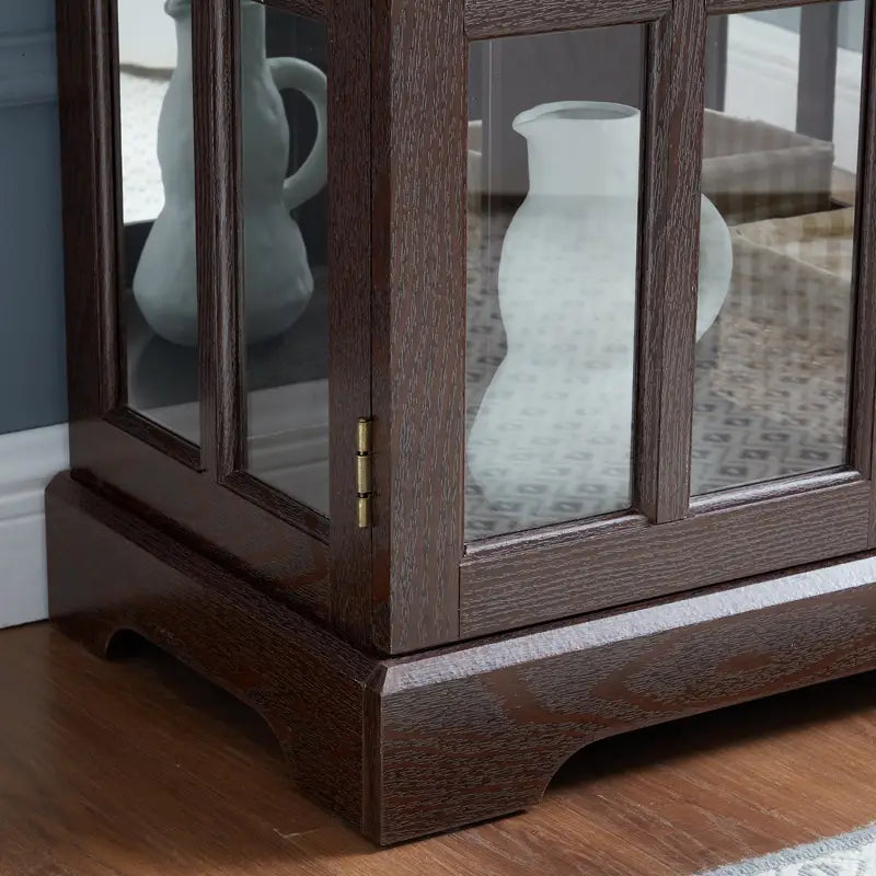 Dark wood LED curio display cabinet with glass doors, brass hinge, and adjustable shelves.