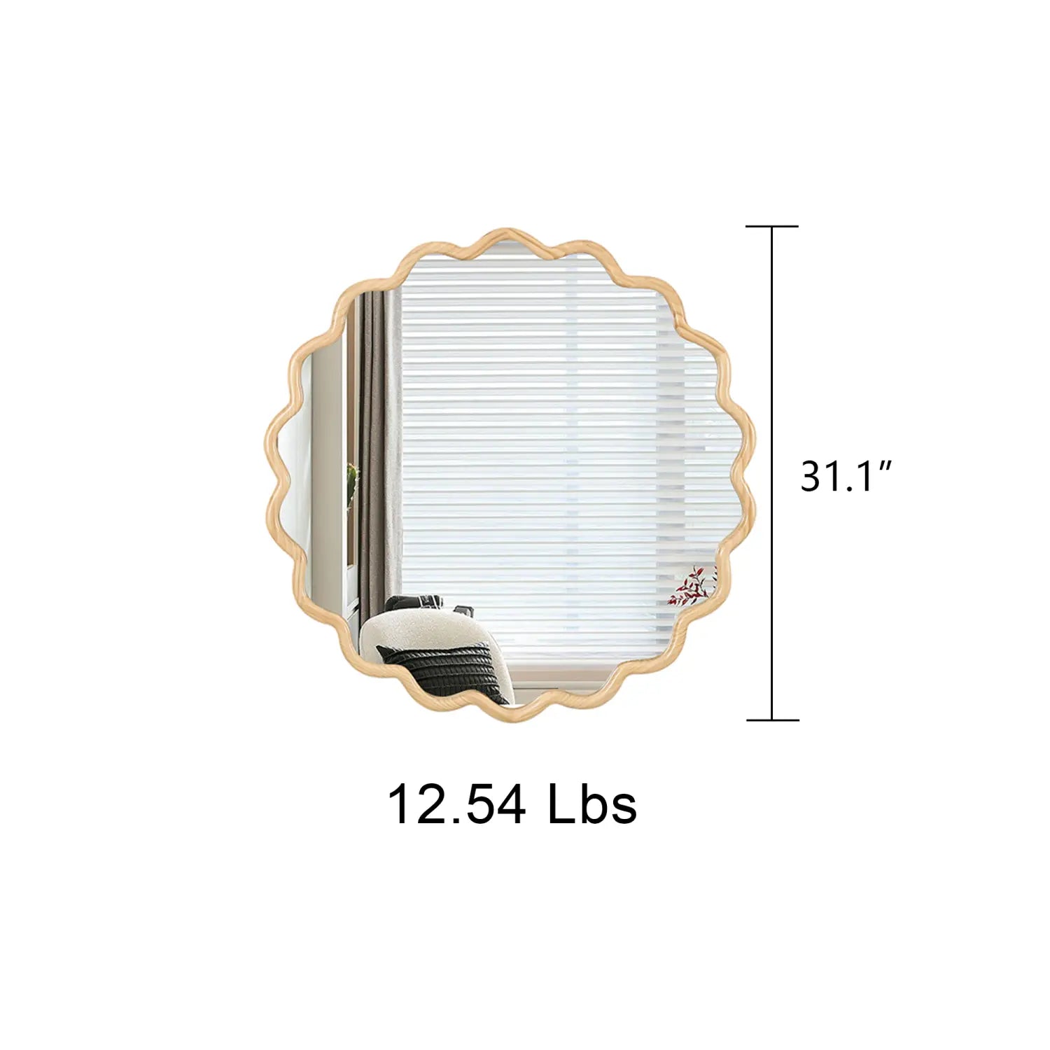 A 31.1 inch round wall mirror with a light wood scalloped frame and reflective glass surface for decorative use.