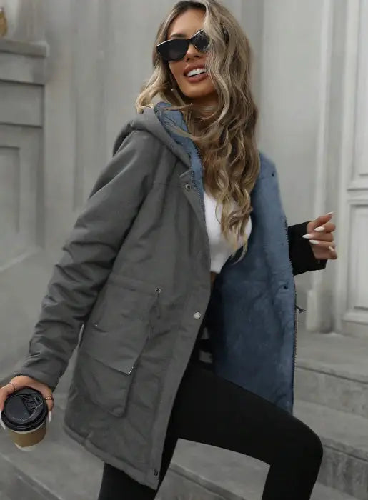 Gray sherling lined hooded zip up parka with blue inner lining and front pockets.