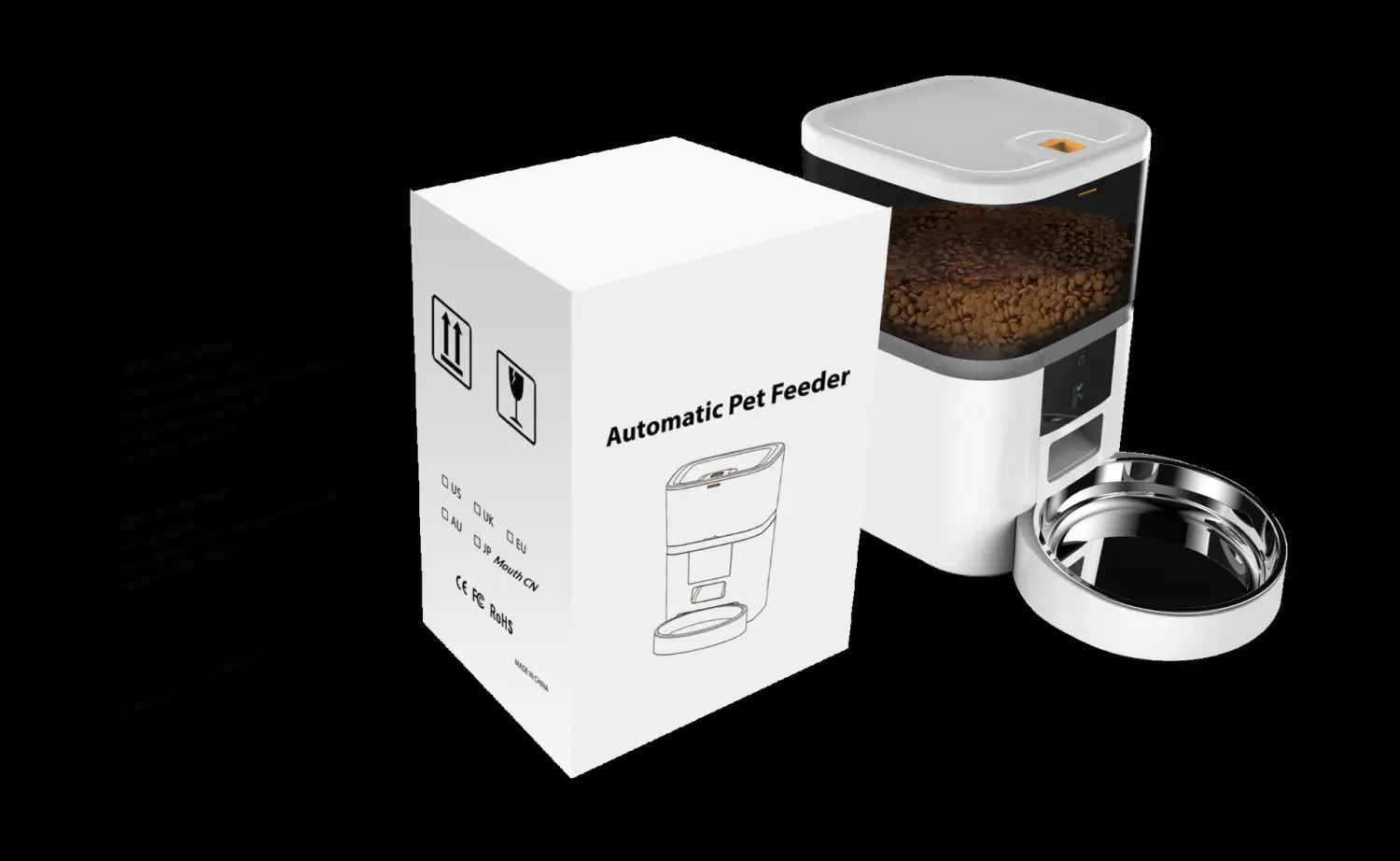 Weißer intelligenter Futterautomat für Haustiere mit Kamera- und Videoüberwachung: transparente Futtermulde und ein silberner Napf daneben.