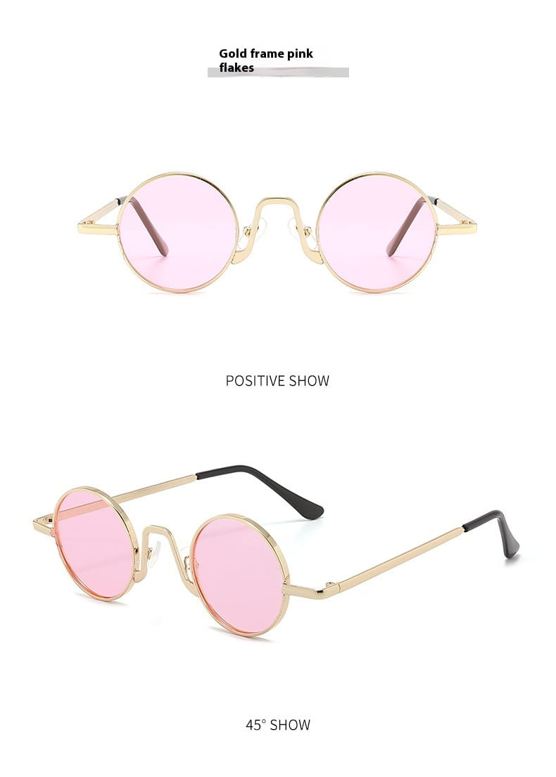 Gold-framed retro round hip hop sunglasses with pink mirrored lenses and black temple tips.