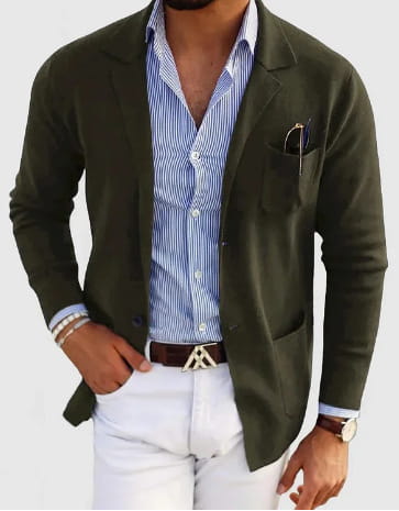 Men printed double button suit jacket in olive green with a subtle texture worn open over a blue and white striped button down shirt