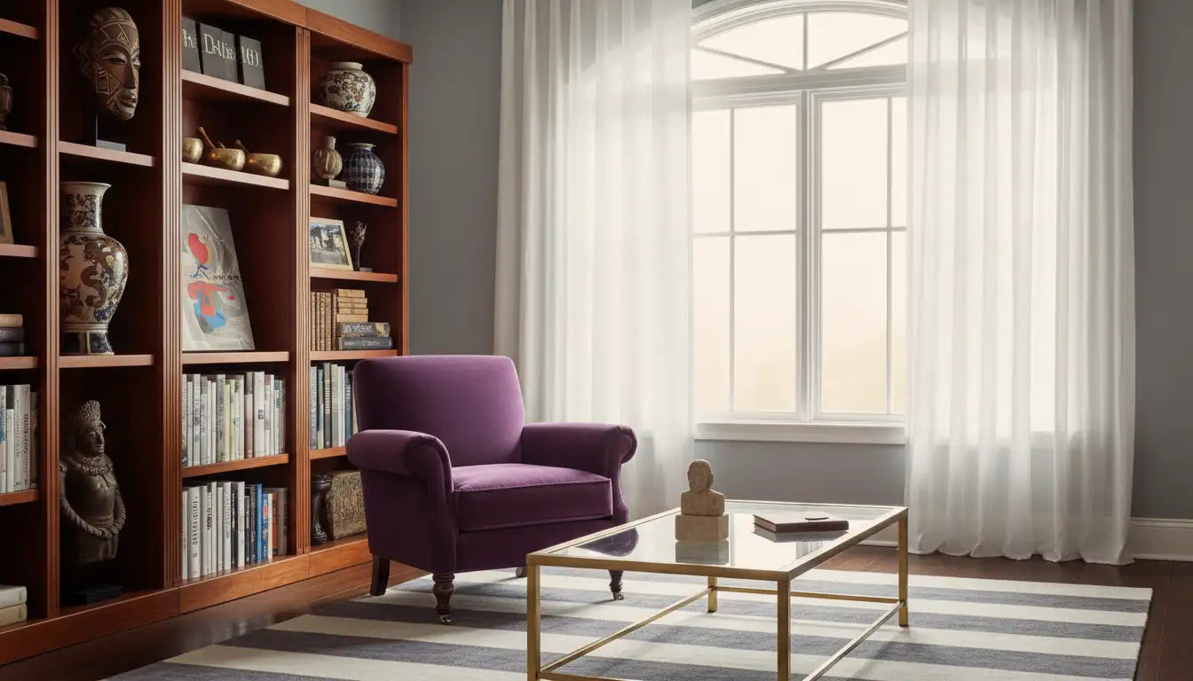Purple velvet armchair with rolled arms and dark wooden legs.