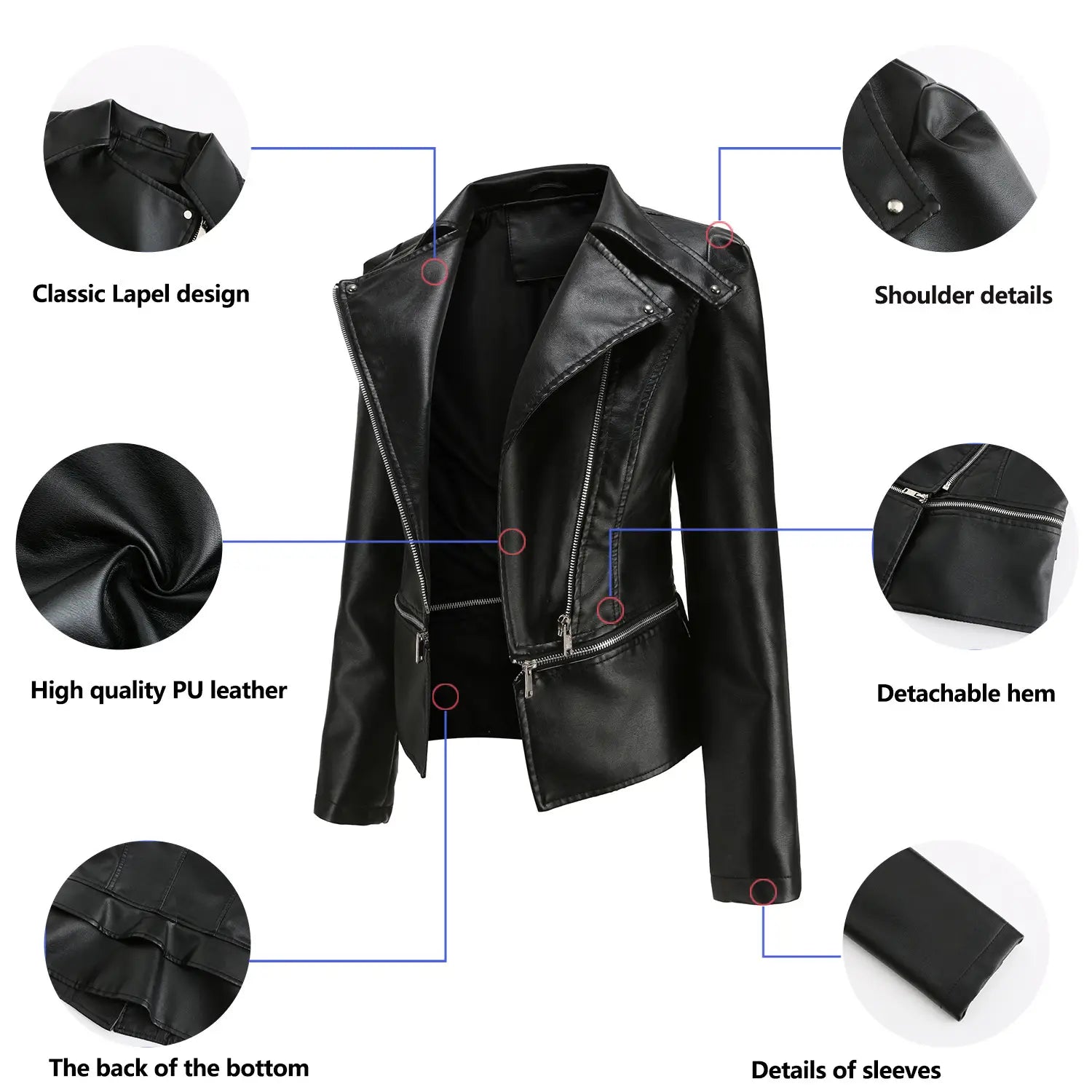 Black faux leather motorcycle jacket with slim fit, classic lapel design, and detachable hem.