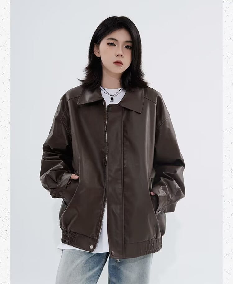 men’s brown faux leather bomber jacket with matte finish and ribbed cuffs shown from the back in a relaxed fit outerwear style