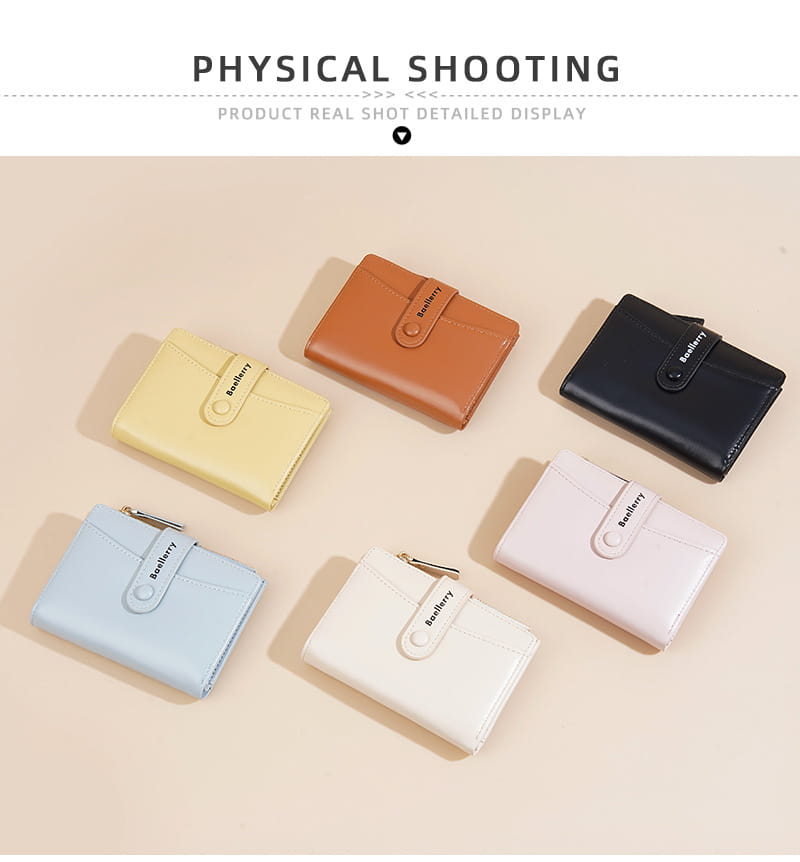 Seis carteras compactas minimalistas para mujer en tonos pastel y neutros, incluidos amarillo, naranja, negro, azul claro, blanco y rosa pálido, hechas de cuero PU con acabado mate elegante para uso de carteras cortas Baellerry.