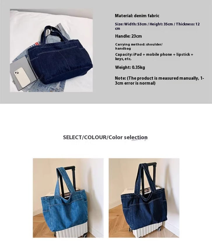 Dark blue denim alma latina shoulder tote bag with large capacity sturdy handles and multiple pockets.