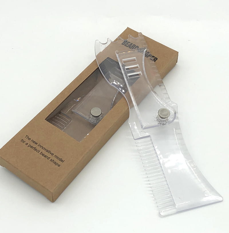 Clear plastic beard shaping template comb with metallic silver accents and 360 degree rotation for precise grooming.