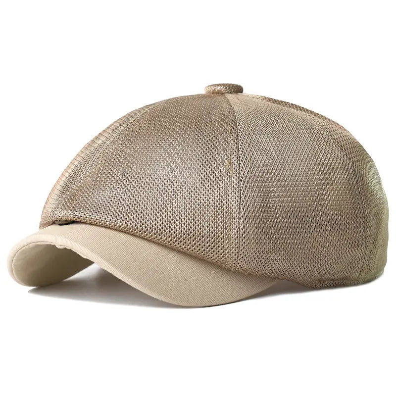 Beige mesh newsboy cap with a solid fabric brim designed as a breathable flat cap for men and women in summer.