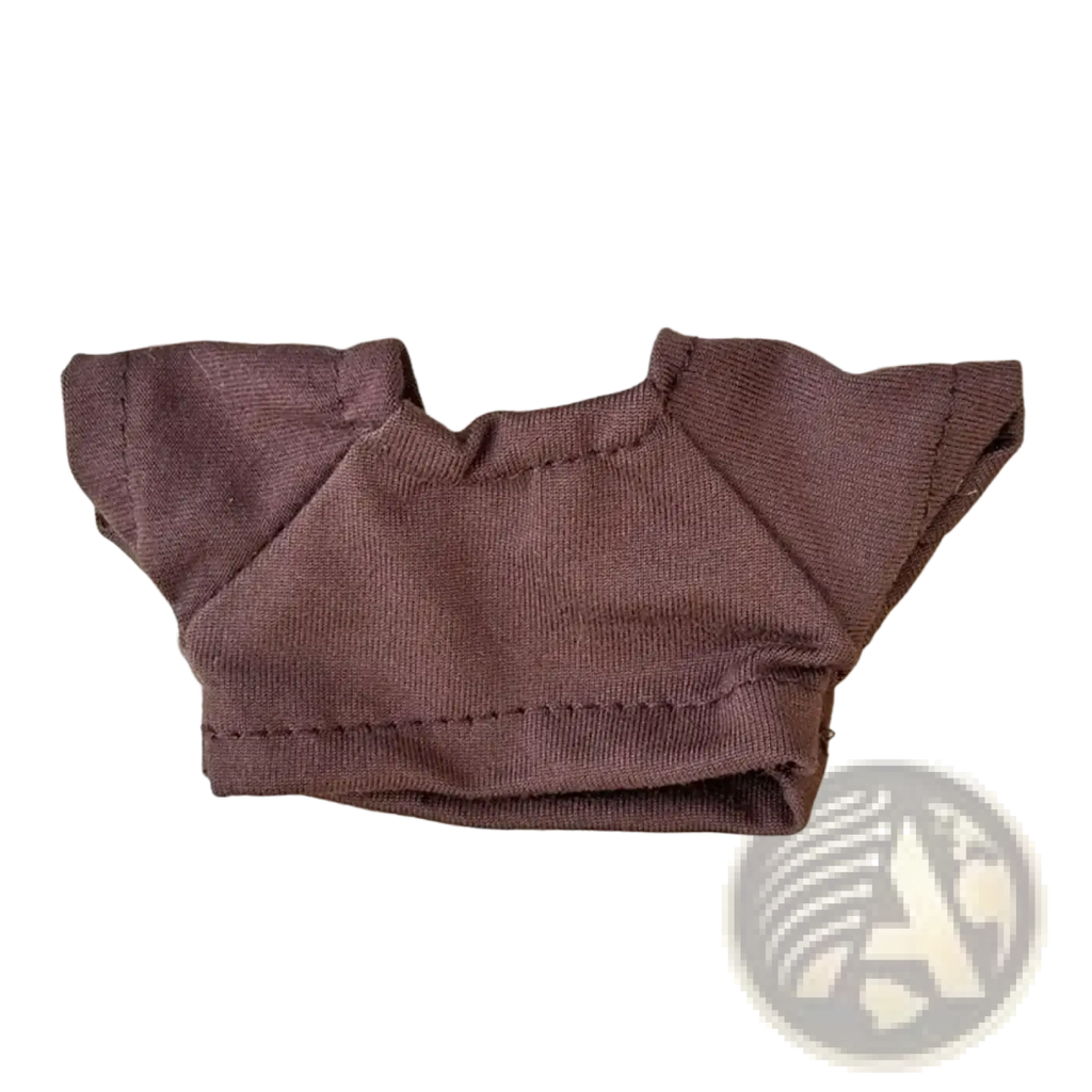 A brown short-sleeved 10cm doll t-shirt made of soft cotton knit fabric with neatly stitched seams