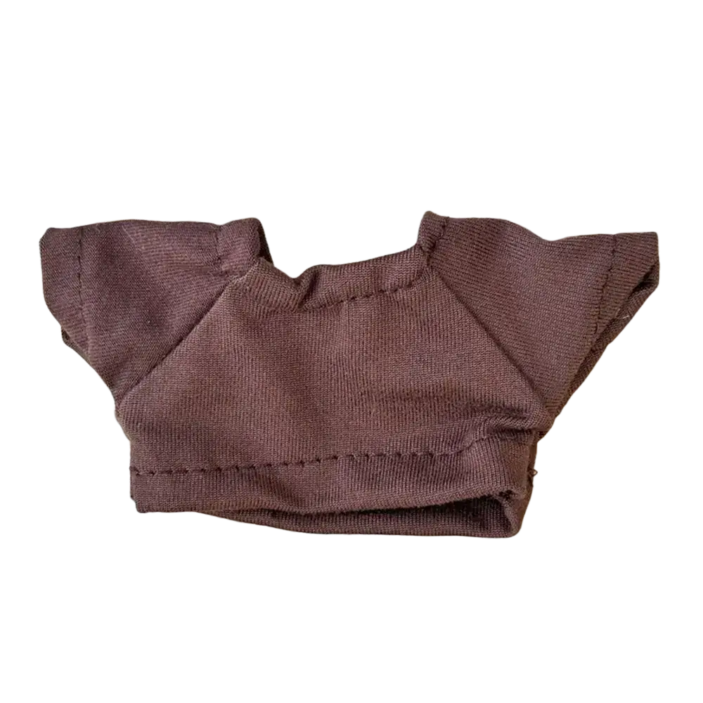 A brown short-sleeved 10cm doll t-shirt made of soft cotton knit fabric with neatly stitched seams