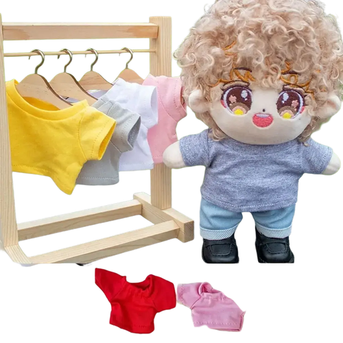 Curly blonde-haired plush doll wearing a gray cotton short-sleeved shirt and blue pants for 10cm doll hoodie set