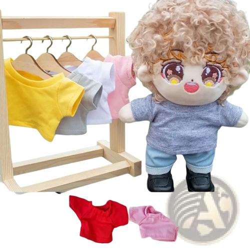 Curly blonde-haired plush doll wearing a gray cotton short-sleeved shirt and blue pants for 10cm doll hoodie set