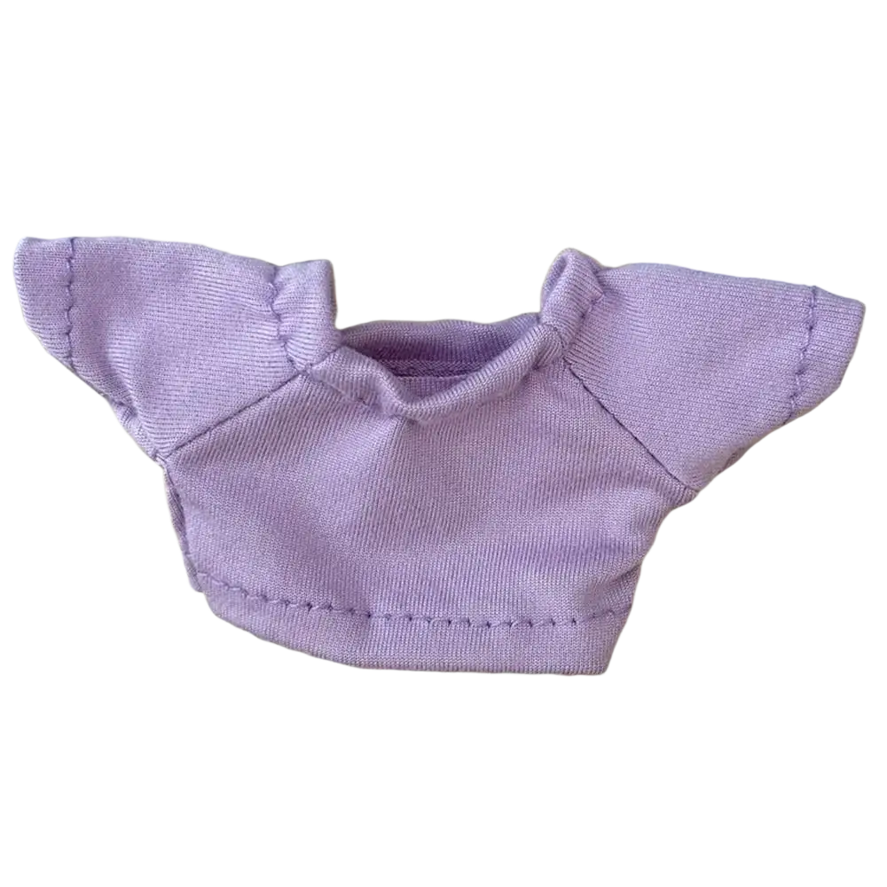 A soft lavender knit 10cm doll t-shirt with short flutter sleeves and rounded neckline made of cotton