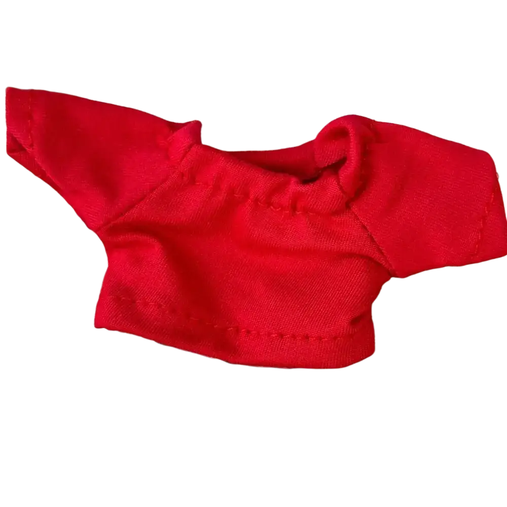 A vibrant red short-sleeved 10cm doll hoodie and t-shirt made of soft cotton fabric with neatly stitched seams