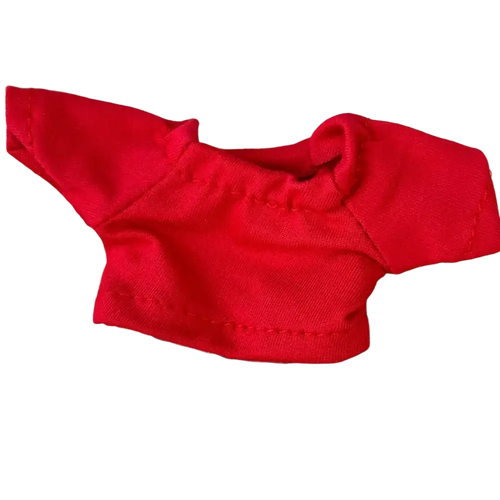 A vibrant red short-sleeved 10cm doll hoodie and t-shirt made of soft cotton fabric with neatly stitched seams