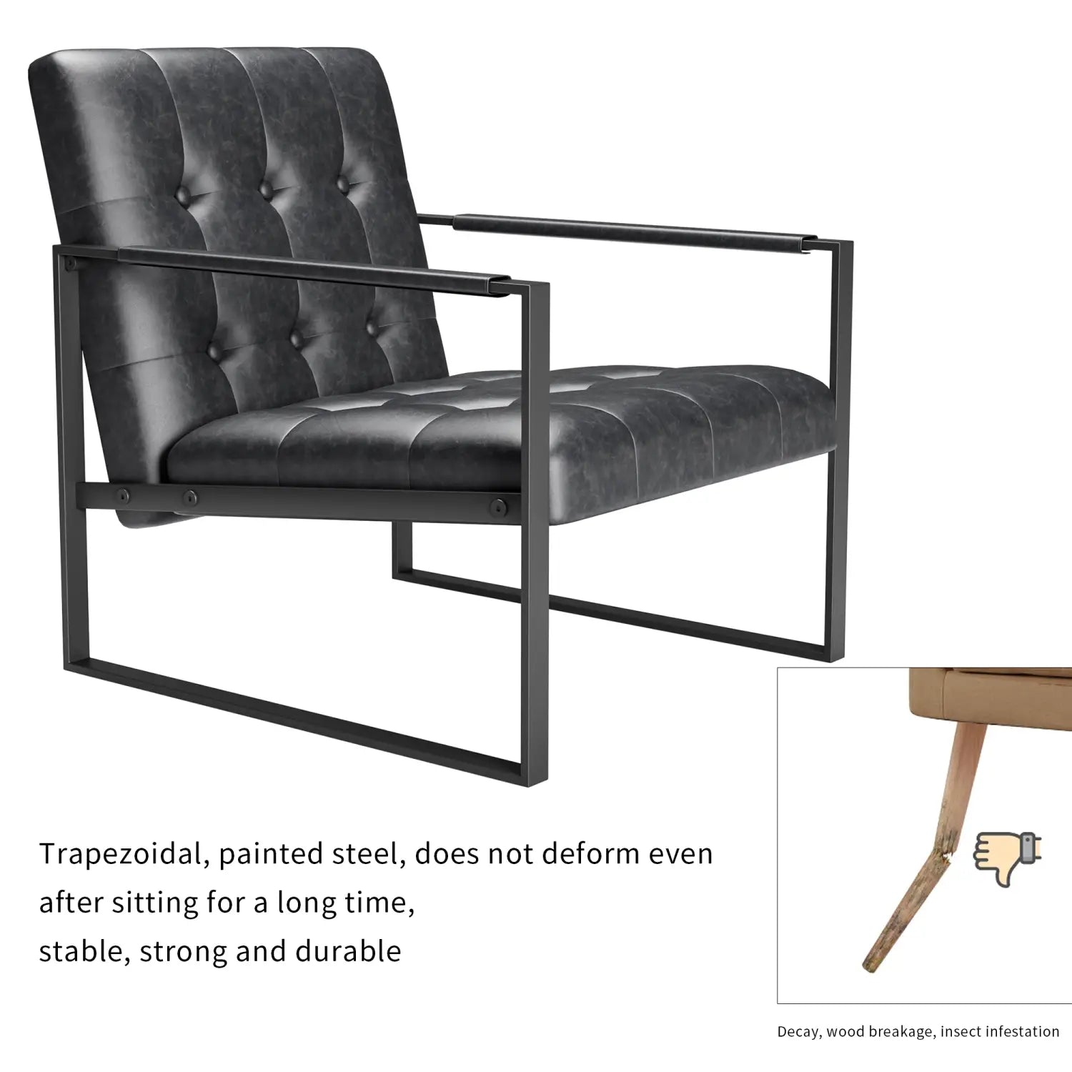 Sillón de acento de cuero negro con capitoné con un marco metálico elegante fabricado en acero pintado.
