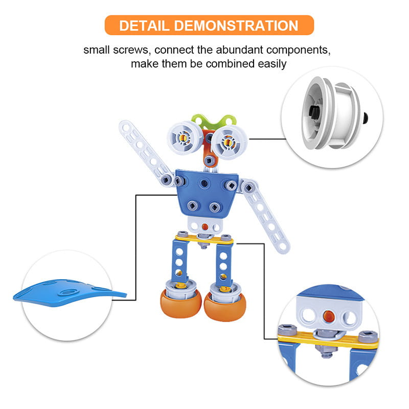 blue and orange metal engineering vehicle robot toy with green eyes assembled from interlocking building block parts from the 10 in 1 set