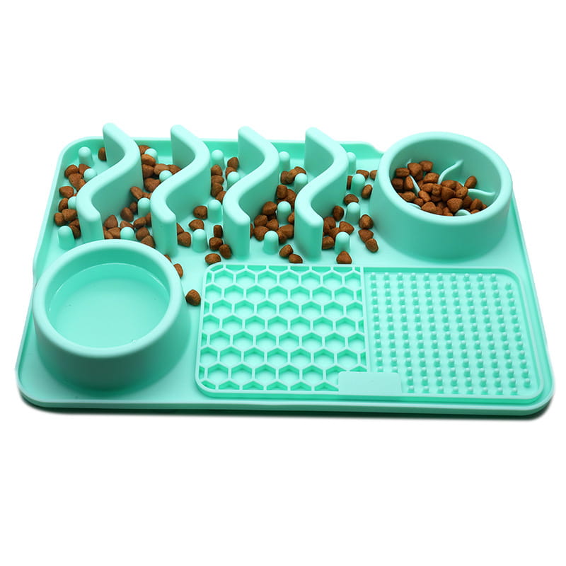 Alfombrilla de silicona verde menta para comedero lento de perros, con un cuenco de agua integrado, laberinto para el pienso y superficies texturizadas para la alimentación de las mascotas.