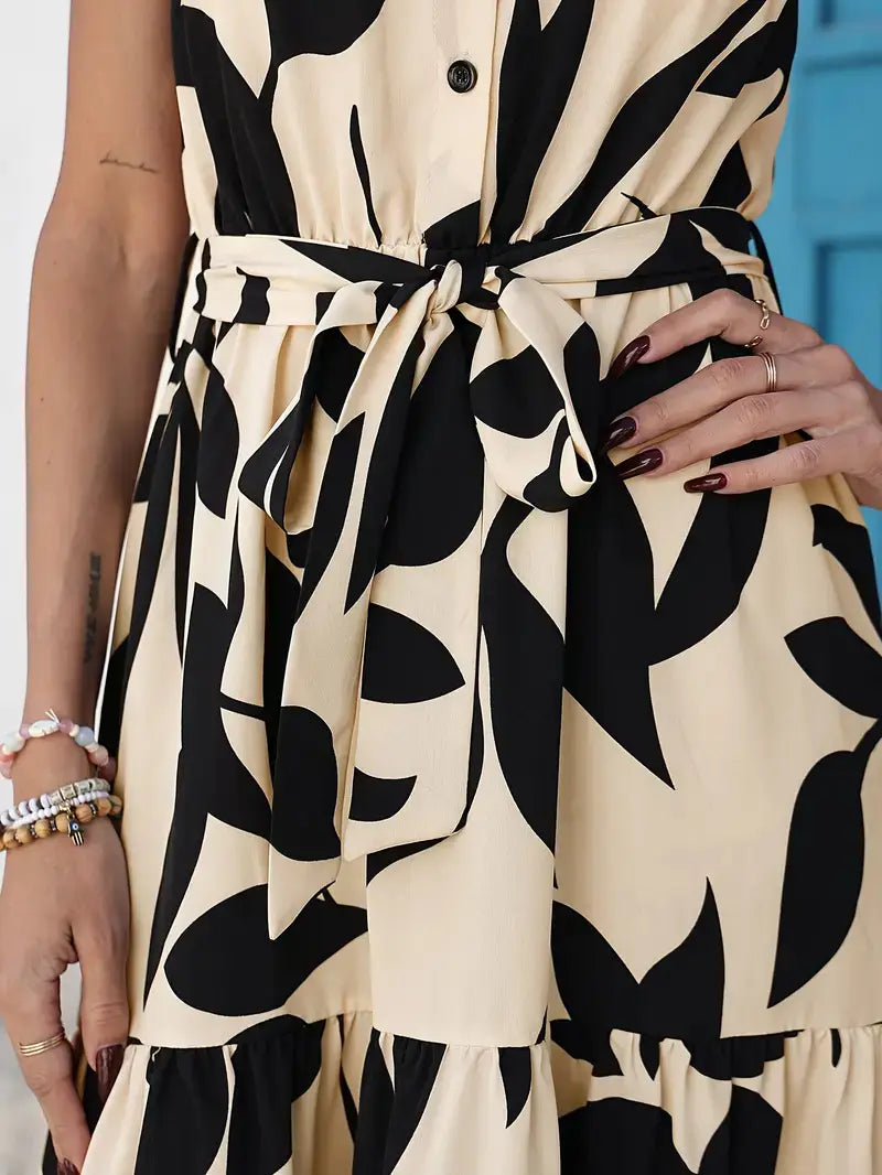 A sleeveless tiered maxi dress in cream and black featuring an abstract leaf pattern and a self-tie belt.