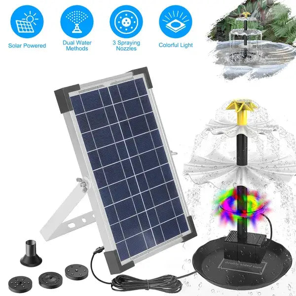 Fuente para baño de aves solar con luces LED, panel de 6 W