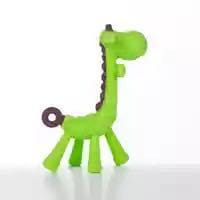 a lime green plastic dinosaur toy with black circular details designed as a giraffe baby teether silicone molar toy for soothing gums