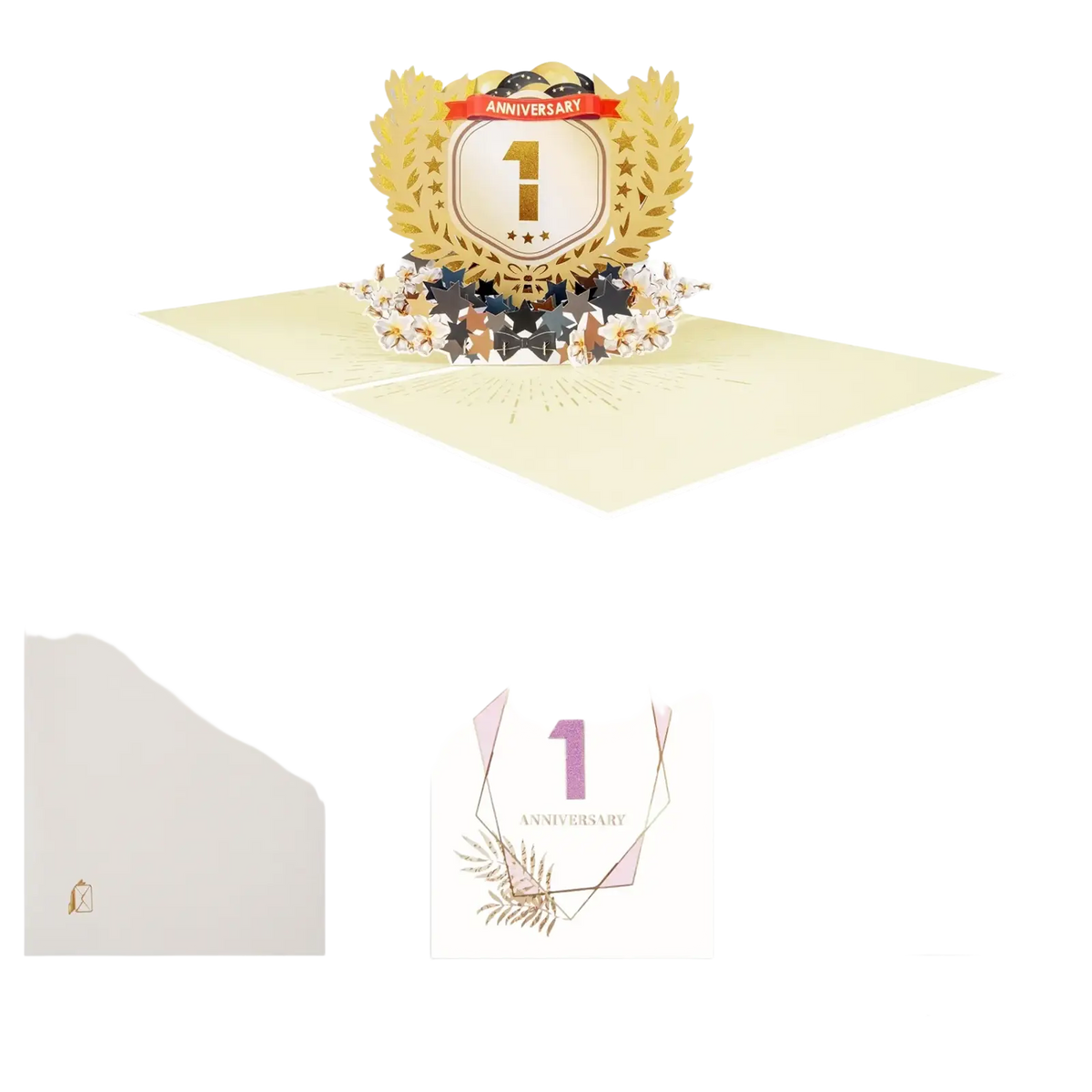 Gold foil 10th anniversary pop up card featuring a central shield design with laurel wreaths and star embellishments