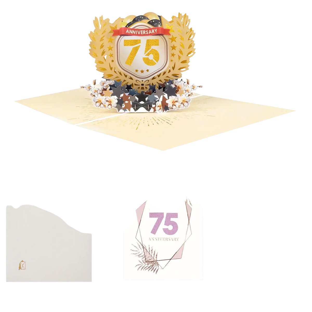 Gold foil 3d pop-up 10th anniversary card with 75 anniversary laurel wreath and starry floral base design