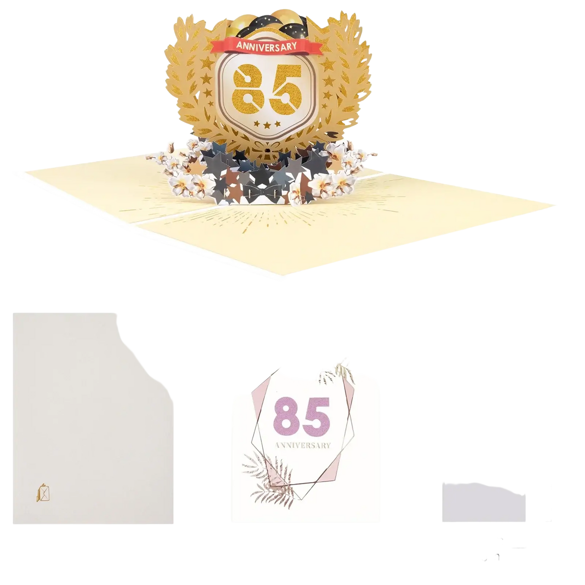 10th anniversary pop up card with gold foil 3d design featuring number 85 surrounded by laurel wreaths and stars
