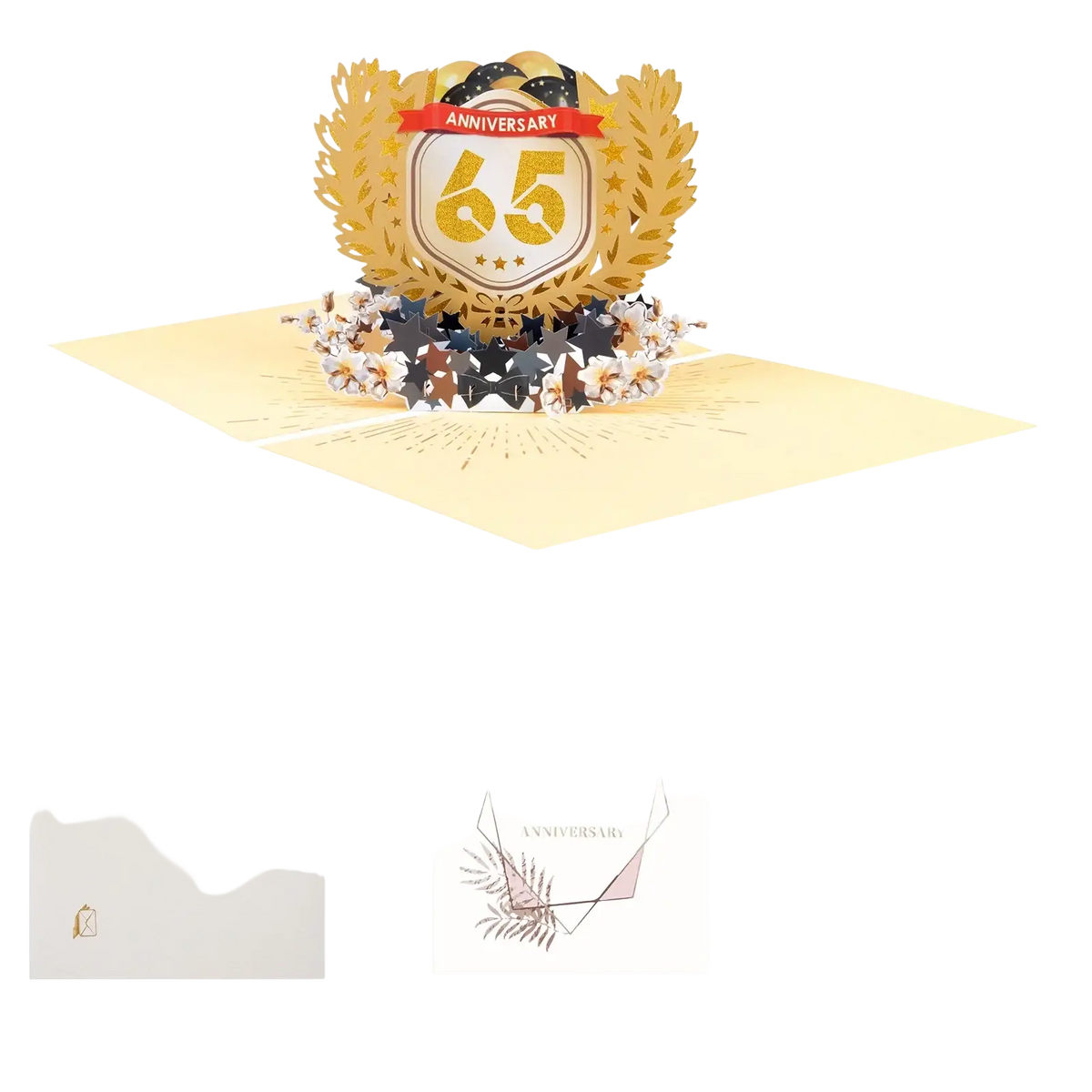 Gold foil 10th anniversary pop up card with 65 anniversary design featuring laurel wreath and star embellishments