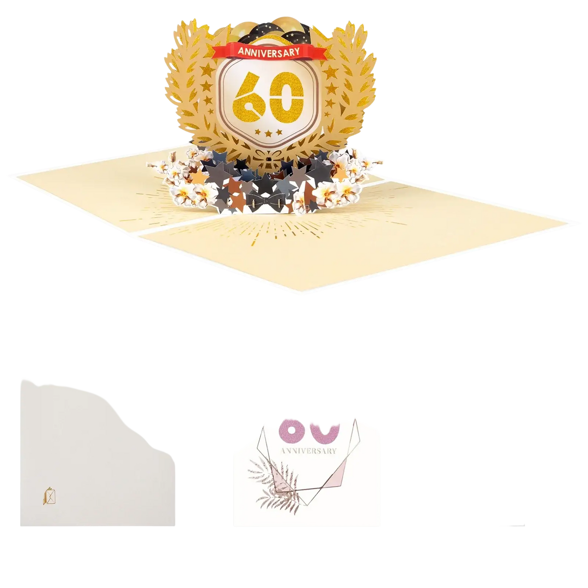Gold foil 10th anniversary pop up card with glittery numerals and decorative laurel wreaths for celebration