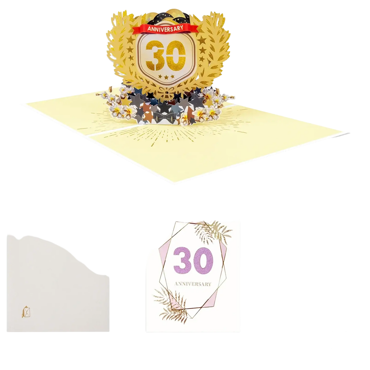 Golden 10th anniversary pop up card with intricate laurel wreath and star embellishments for celebration