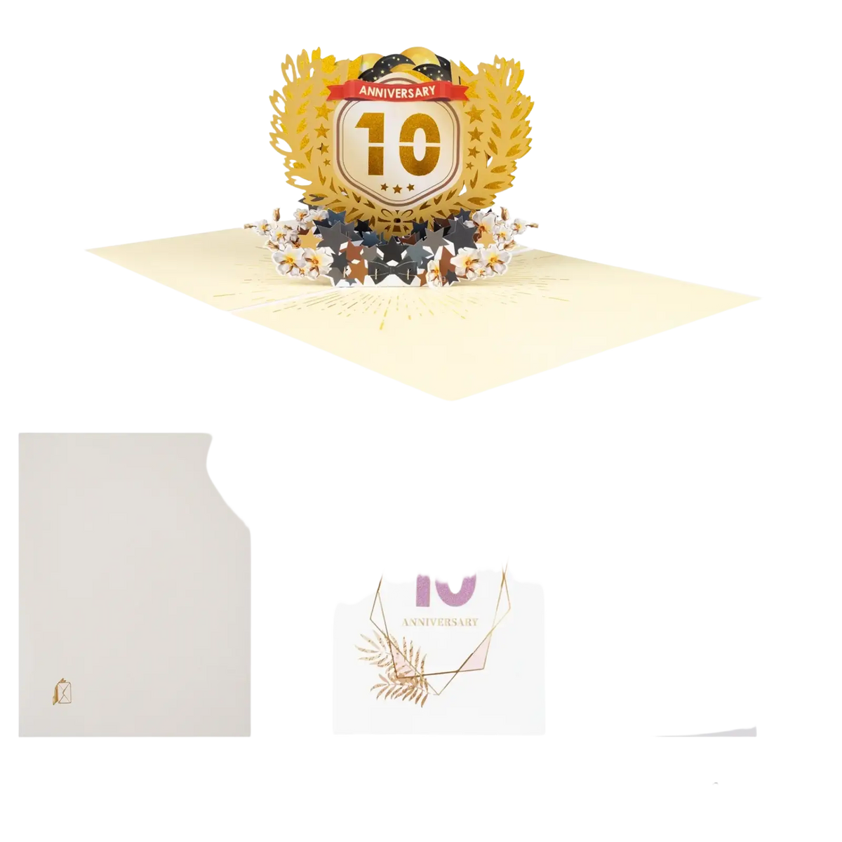 Golden 3d pop up 10th anniversary card featuring a laurel wreath and star accents for milestone celebrations