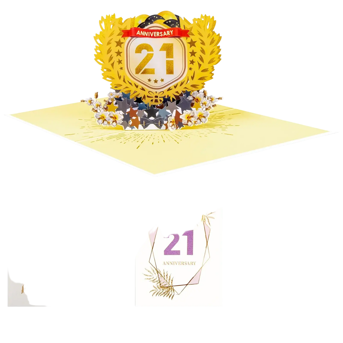 Golden 3d pop-up 10th anniversary card featuring a laurel wreath design with number 21 and decorative flowers