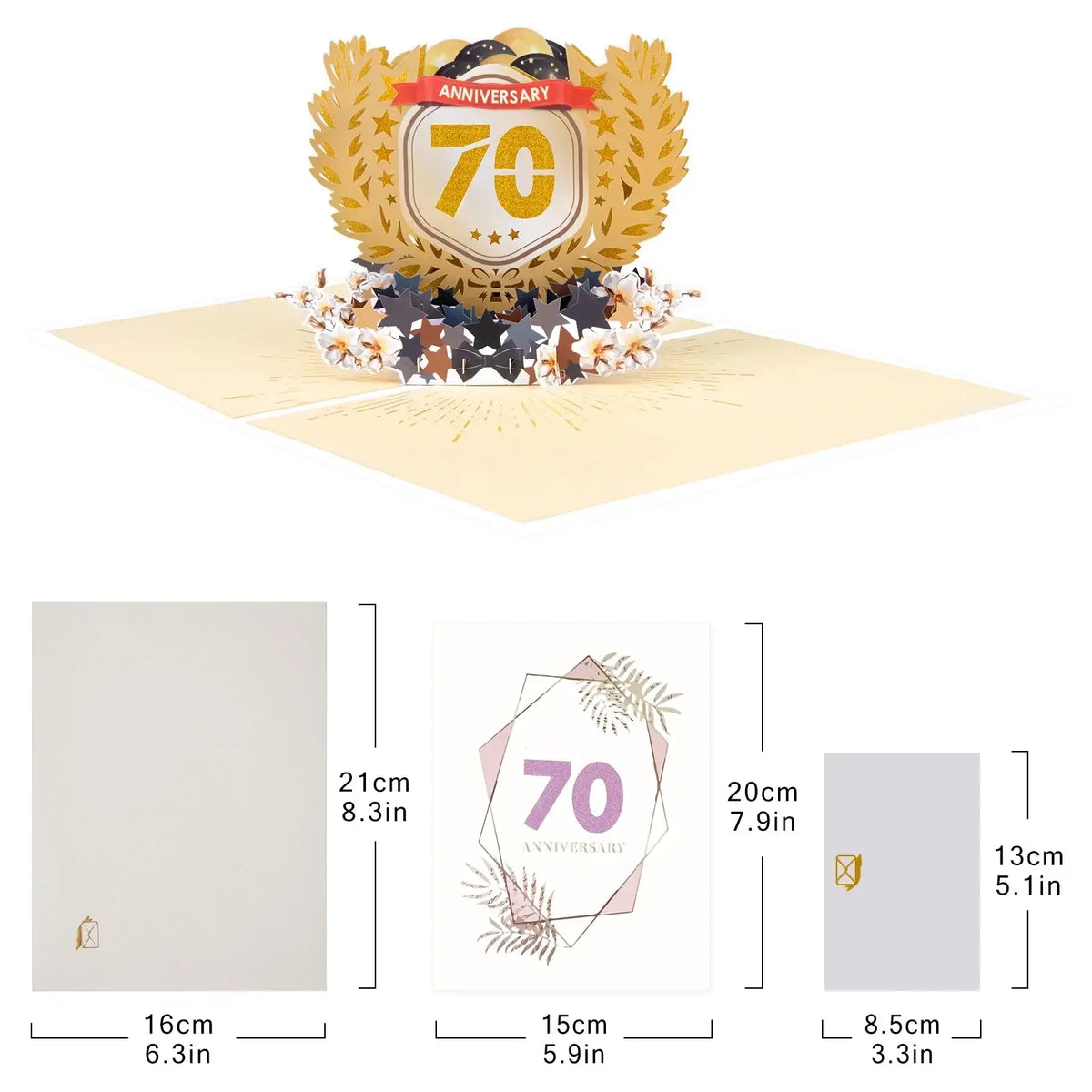 Golden 3d pop-up 10th anniversary card featuring a shield with 70 and laurel wreaths with star embellishments
