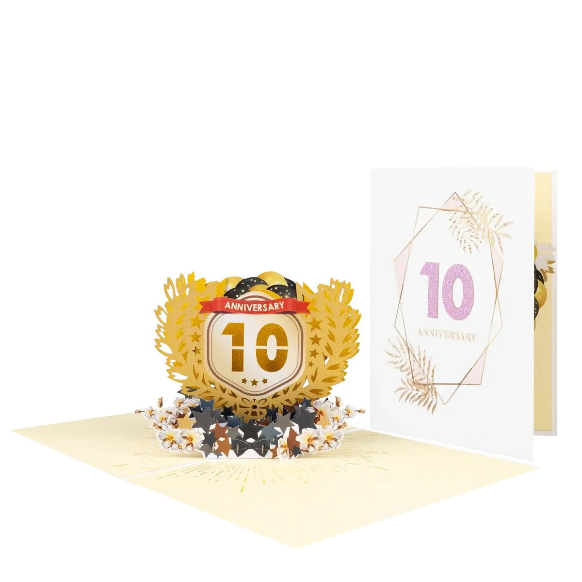 Golden 3d pop up card with laurel wreath design number 10 and anniversary text accented by black and gold stars