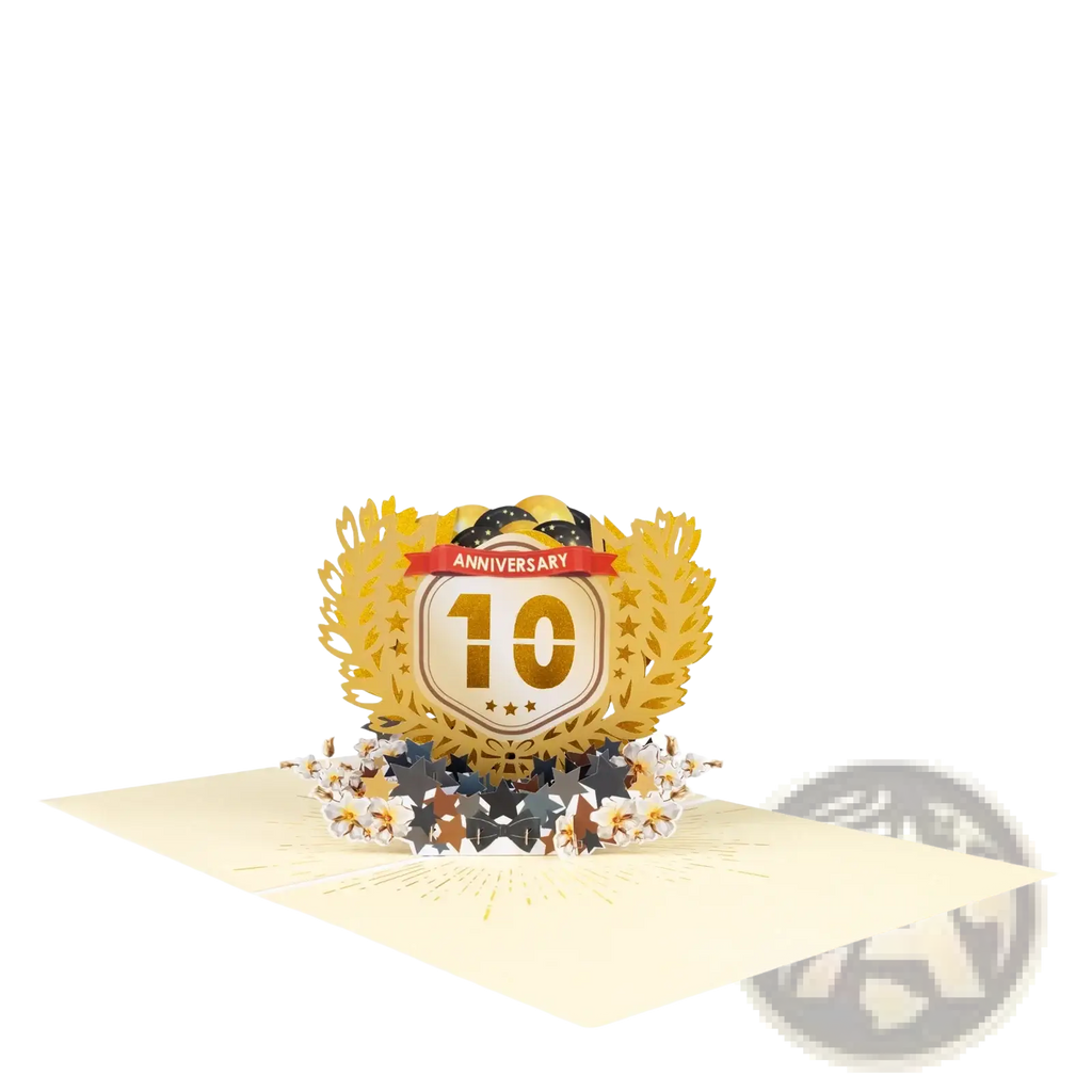 Golden 3d pop up card featuring an ornate wreath with stars and bows celebrating a 10th anniversary