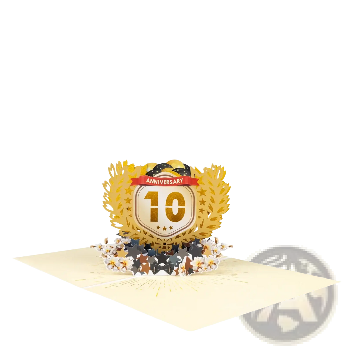 Golden 3d pop up card featuring an ornate wreath with stars and bows celebrating a 10th anniversary