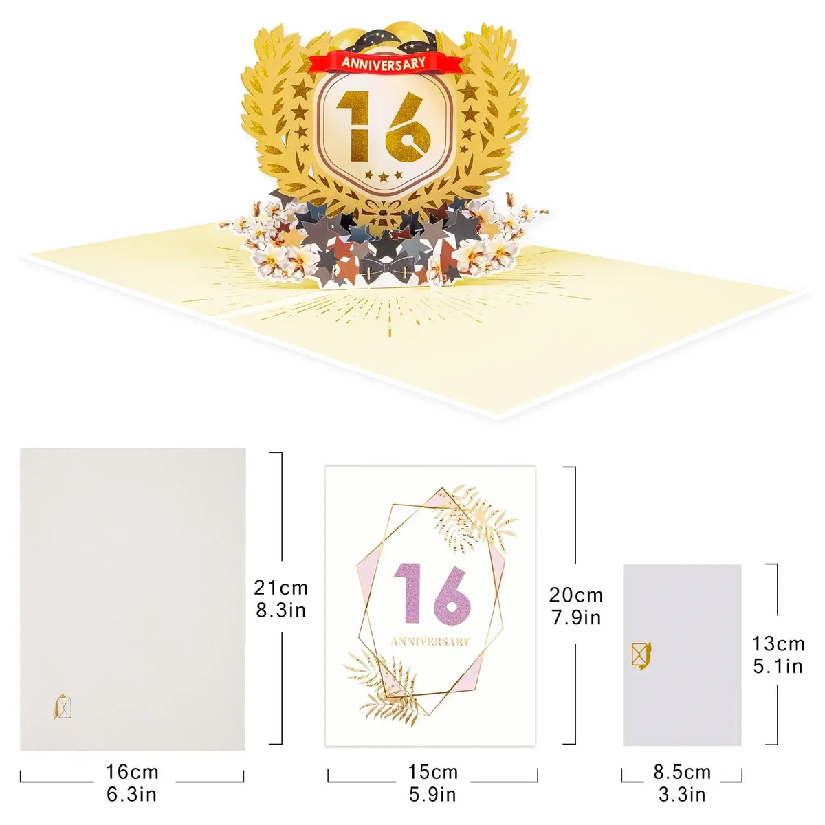 Golden 3d pop up 10th anniversary card featuring a laurel wreath and star motifs with layered paper design