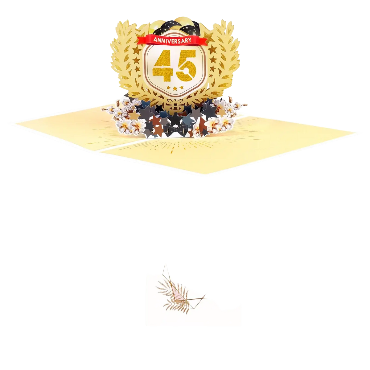 Golden 3d pop-up 10th anniversary card featuring a laurel wreath with the number 45 and floral embellishments