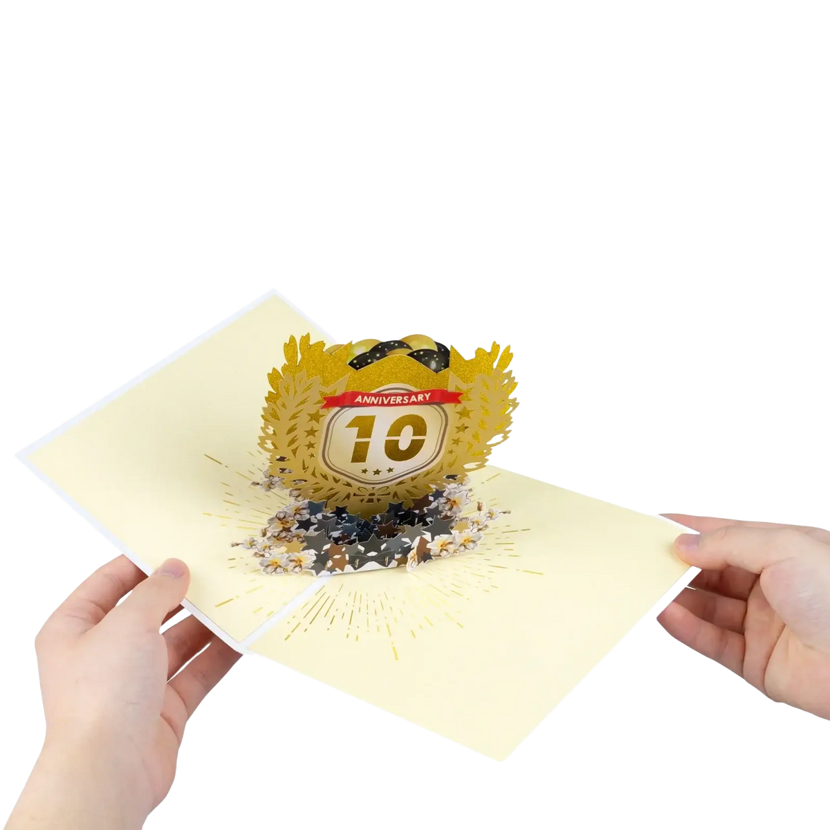 Golden 3d pop up 10th anniversary card featuring a laurel wreath design for celebration purposes