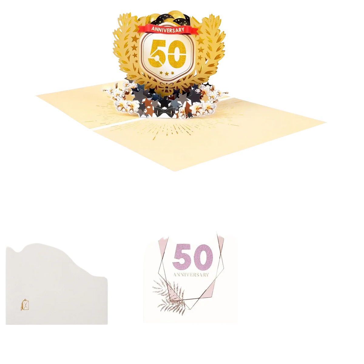 Golden 3d pop-up 10th anniversary card featuring a shield with 50 and laurel wreath adorned with star embellishments