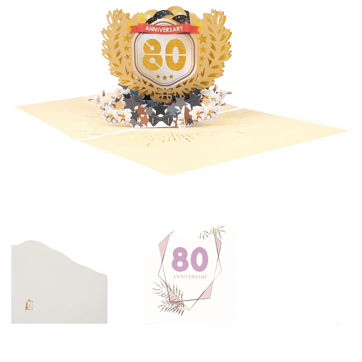 10th anniversary pop up card with a golden 3d laurel wreath and glittery gold and silver stars celebrating 80th anniversary